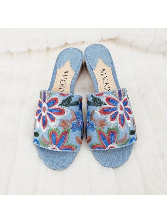 Mac J Shoes - Flower Power Embroidered Denim slip on mule clogs Wood Wrap Heels 70's